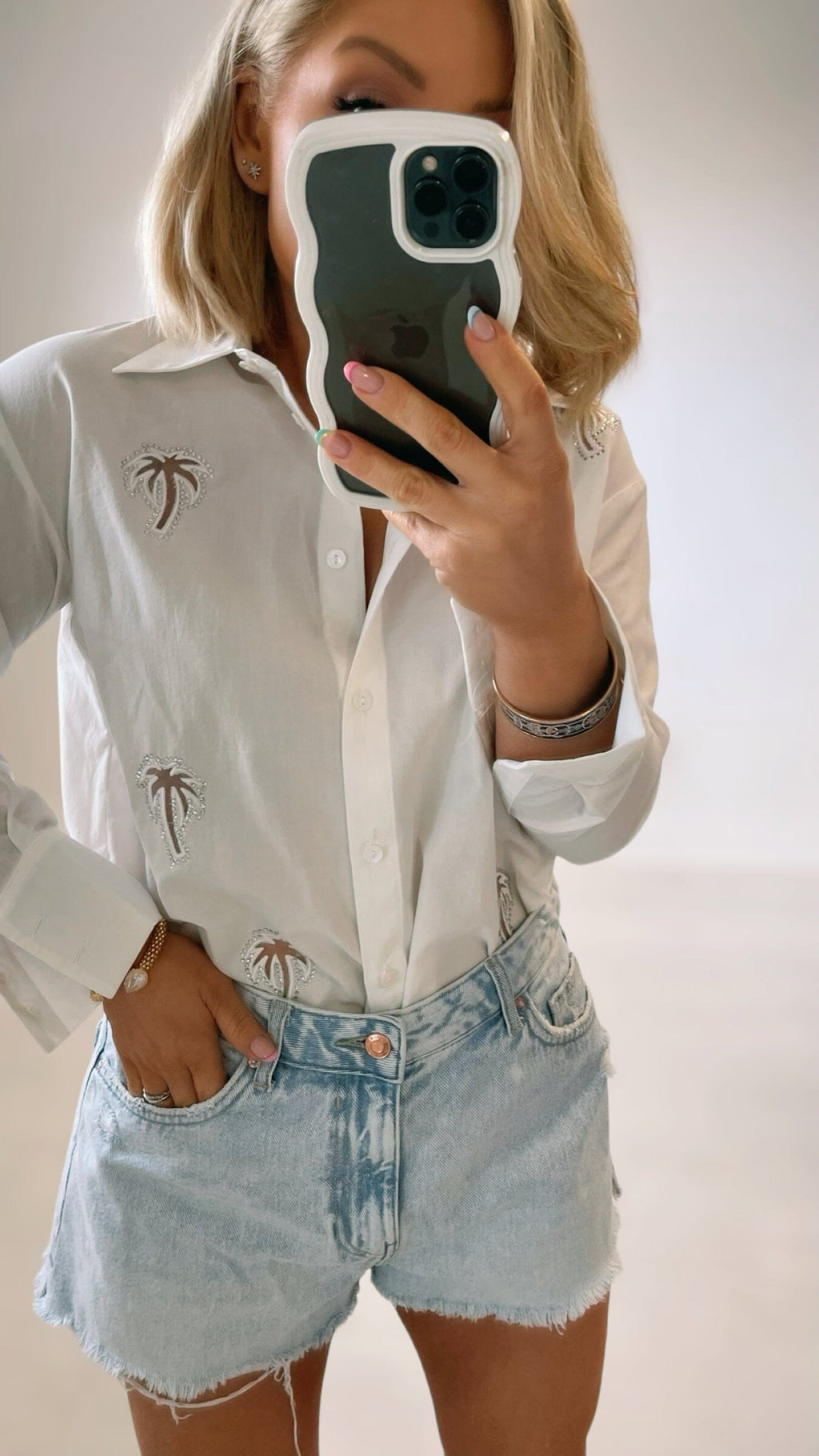 MINA PALM TREE COTTON SHIRT - WHITE Tops & Jumpers Coco Boutique 