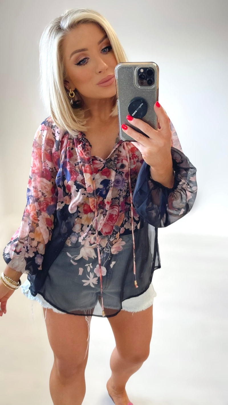 SHIMMER CHIFFON BLOUSE BLACK FLORAL Coco Boutique