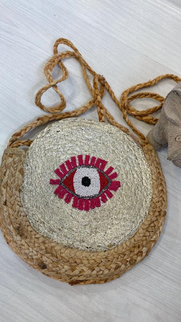 EVIL EYE BEADED JUTE BAG - GOLD & PINK Jewellery & Accessories Paris - General Accessories 