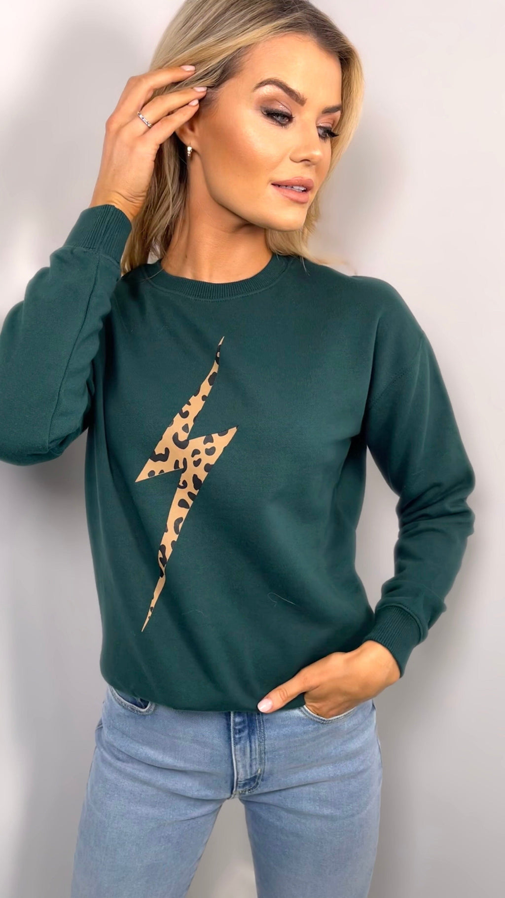 NOAH WILD LIGHTNING SWEATER - LEOPARD BOLT ON GREEN Tops & Jumpers Sugarhill 