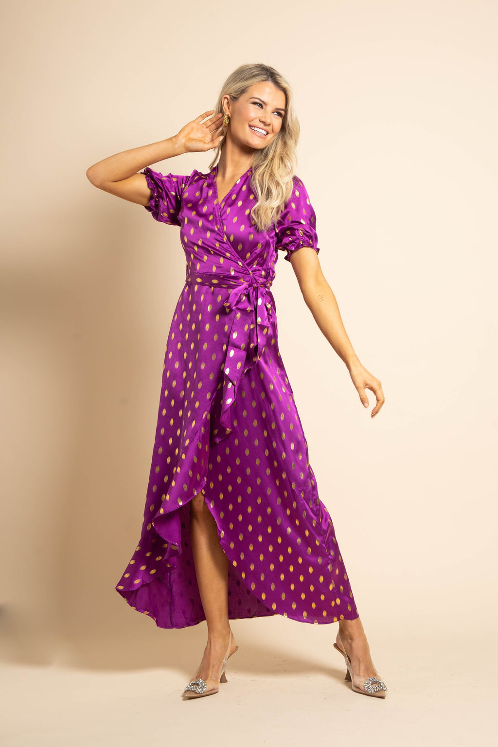 LEIA SATIN SPLIT GOLD LEAF MAXI DRESS Dresses Girl In Mind