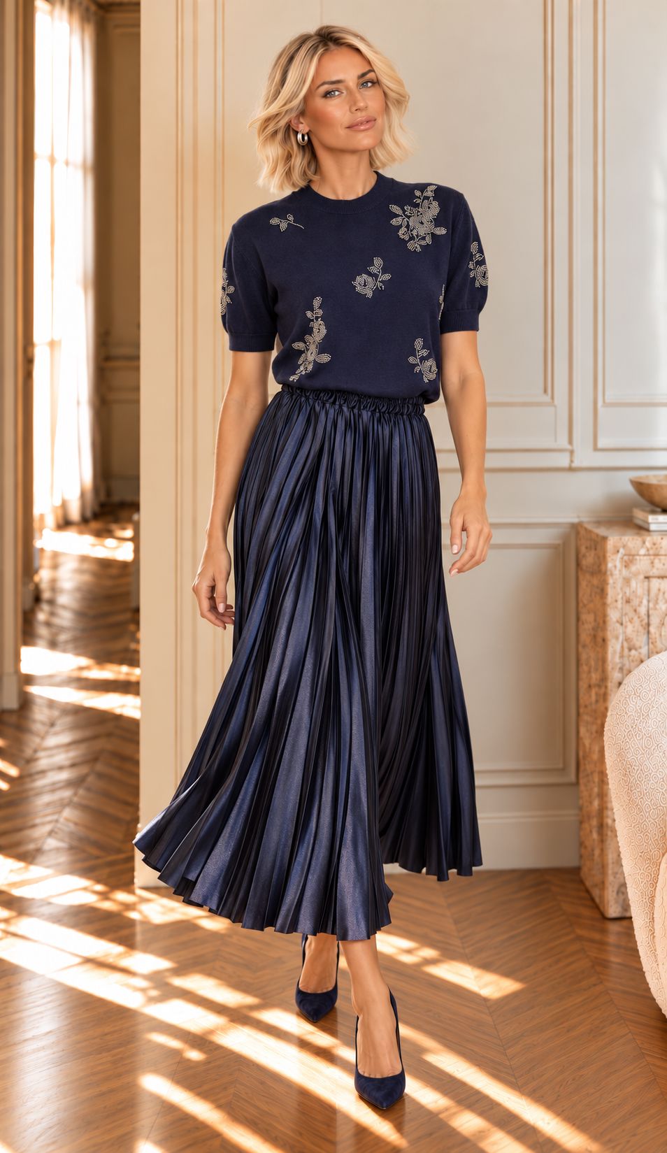 METALLIC MUSE PLEATED SKIRT - NAVY Bottoms, Jeans & Skirts Cafe 