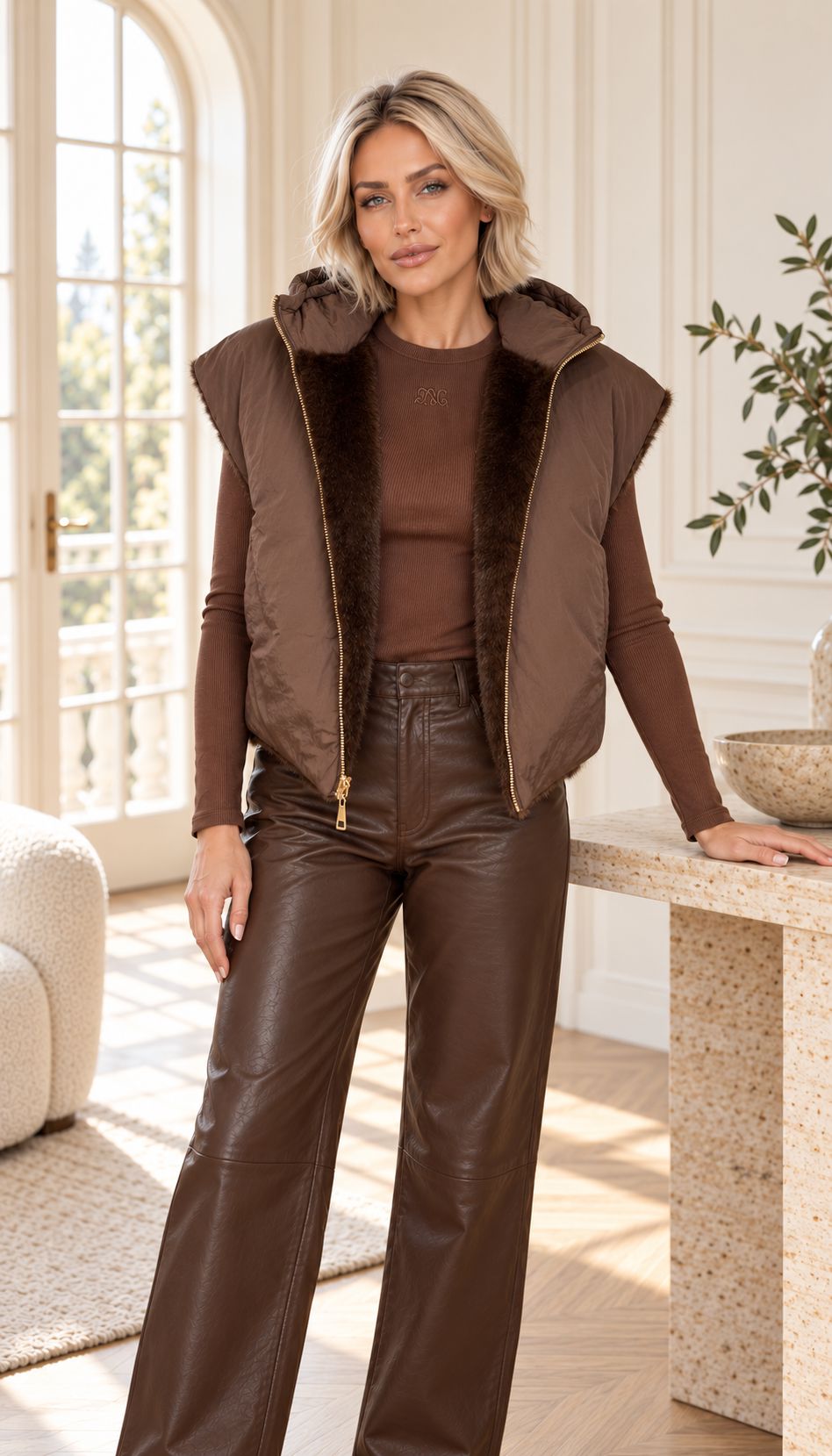A woman models a dark brown faux-fur vest with gold zippers over a brown long-sleeve top and brown faux-leather pants in a bright, modern living room.