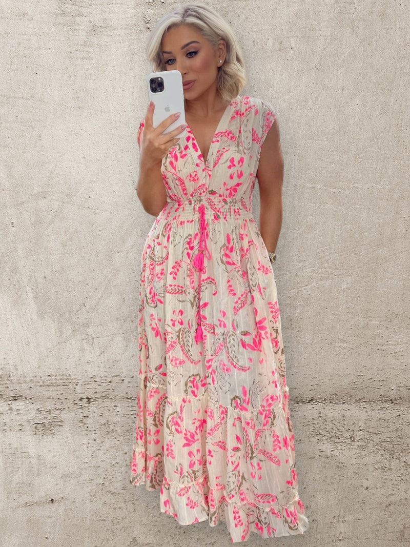 MIRA PASLEY DRESS - BRIGHT PINK/CREAM Dresses Orlinn 