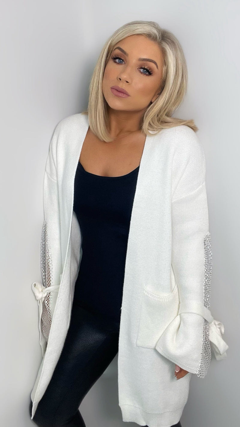 CARLIE CRYSTAL SLEEVE CARDIGAN IN WINTER WHITE Knitwear Exquiss 