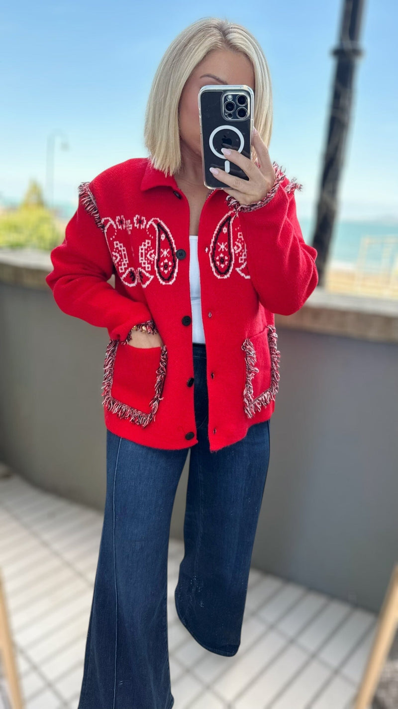 THE BANDANA LUXE JACKET - RED Knitwear Oreline 