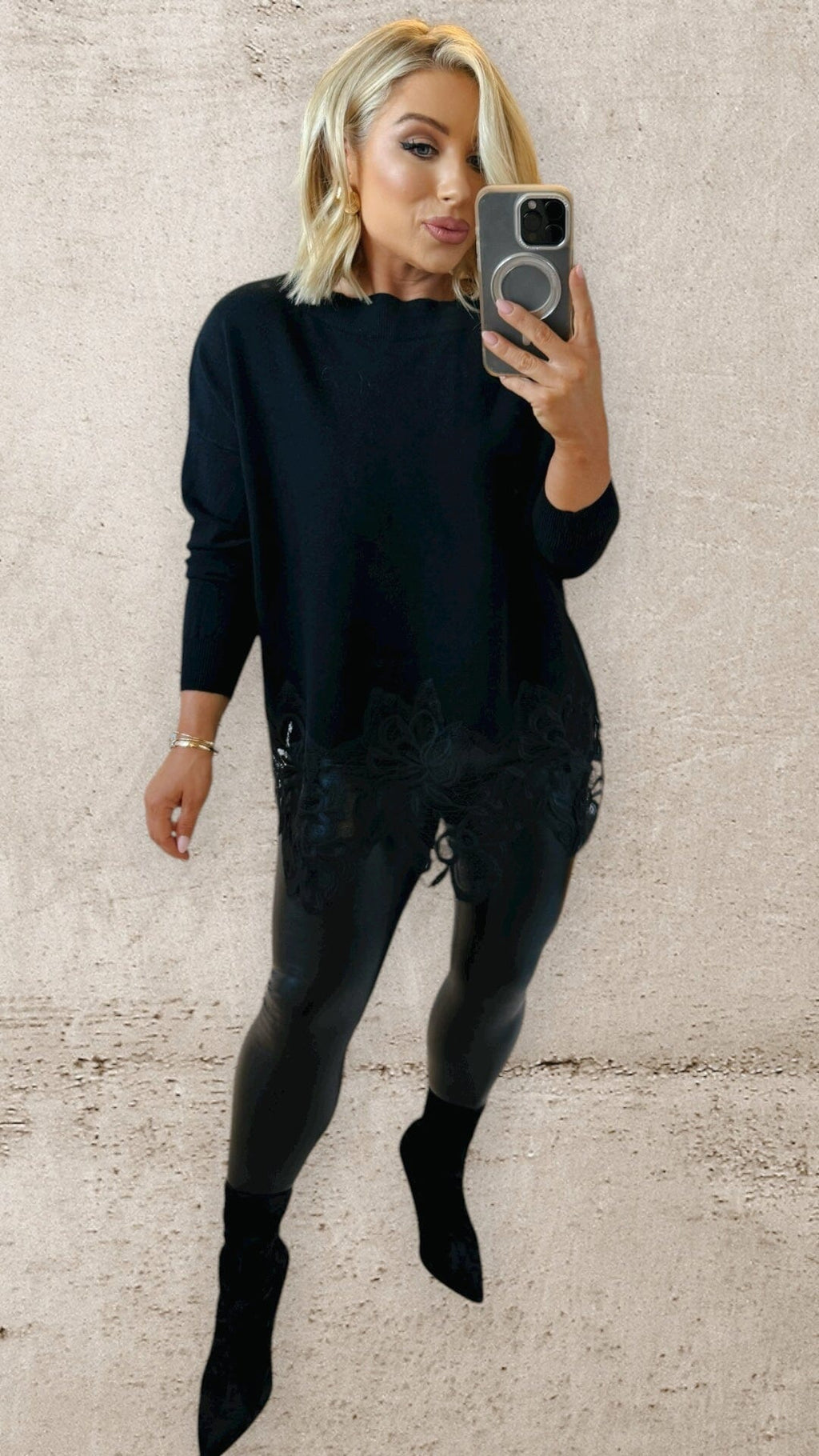 BELLE LACE TRIM SWEATER - BLACK Knitwear Charmell 