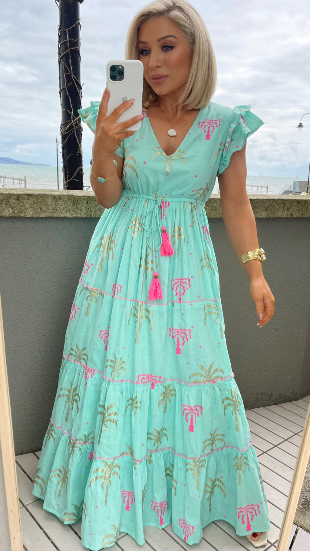 BERMUDA PALM TREE DRESS - TURQUOISE Dresses Orlinn 