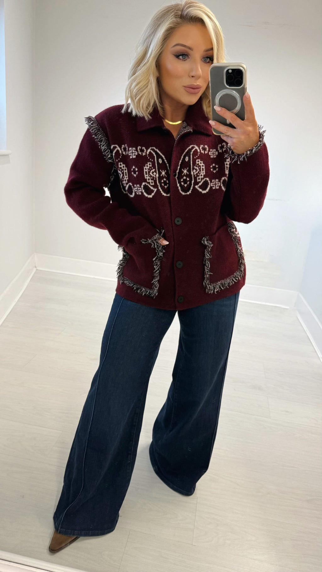 THE BANDANA LUXE JACKET - BURGUNDY Knitwear Oreline 