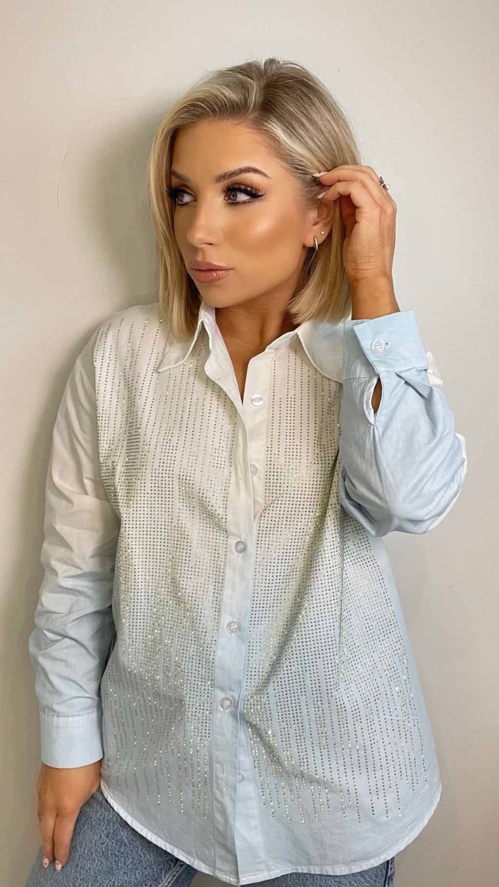 LUCY OMBRÉ CRYSTAL SHIRT - WHITE/BLUE Tops & Jumpers Coco Boutique 