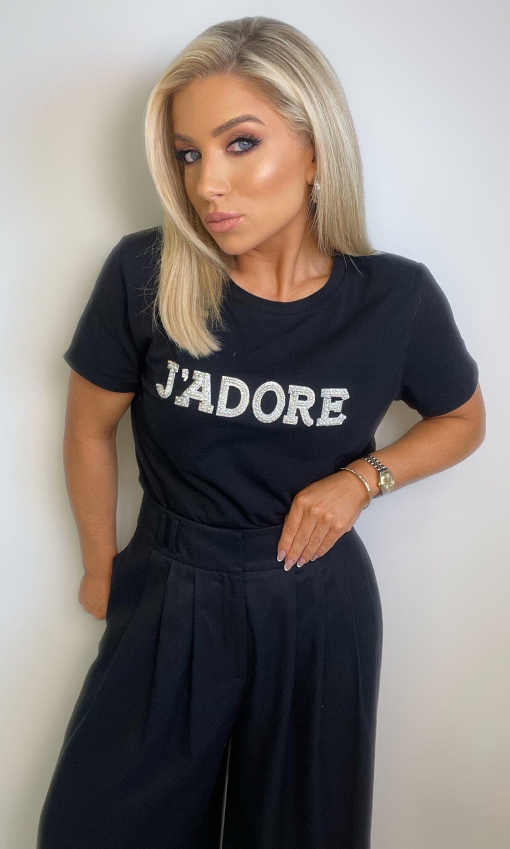 J’ADORE PEARL & CRYSTAL T-SHIRT - BLACK Coco Boutique 