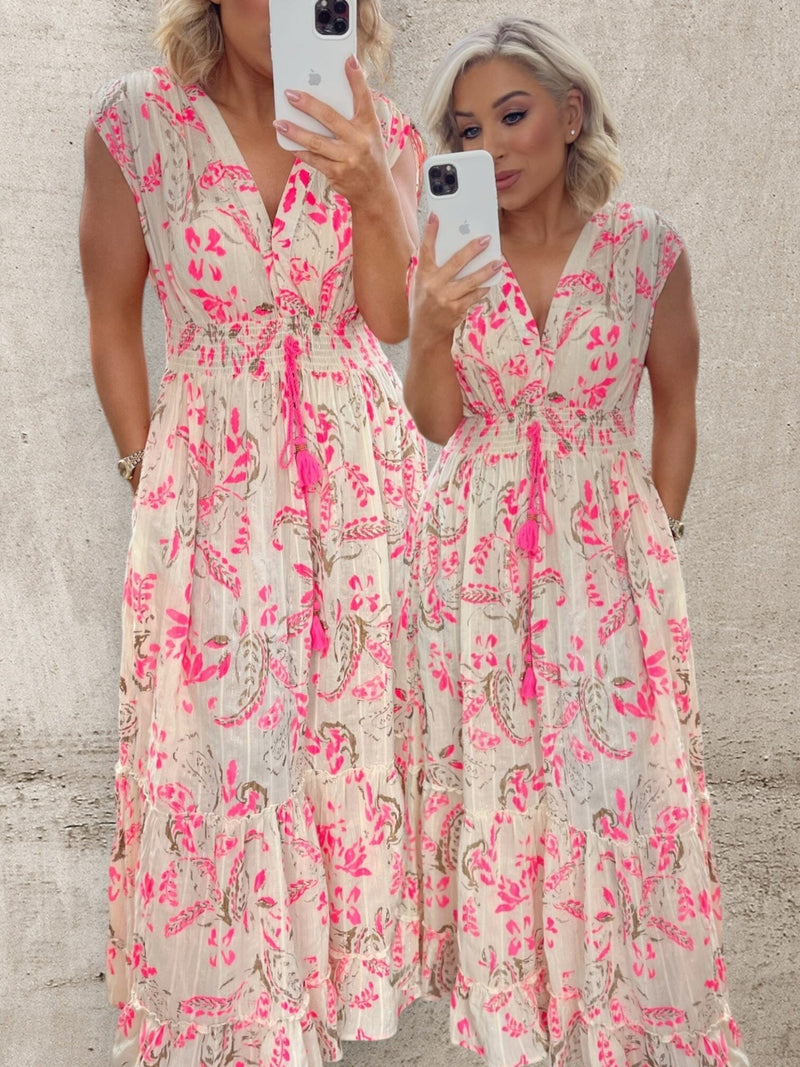 MIRA PASLEY DRESS - BRIGHT PINK/CREAM Dresses Orlinn 