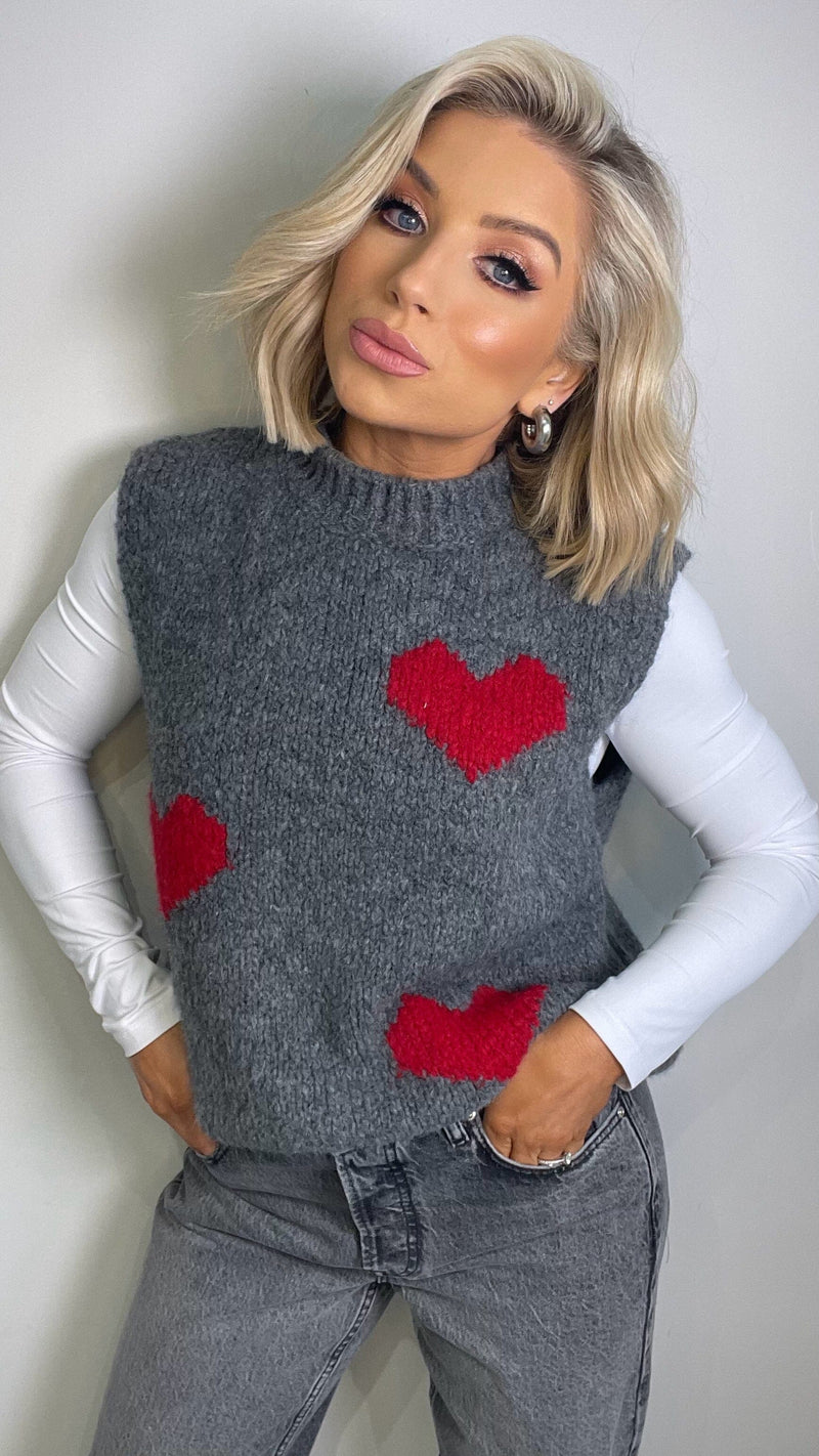 OLIVIA HEART TANK - GREY/RED Knitwear Coco Boutique 