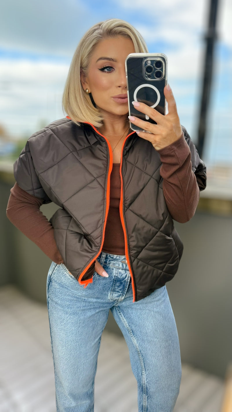 HARPER REVERSIBLE QUILTED JACKET - CHOCO / NEON ORANGE