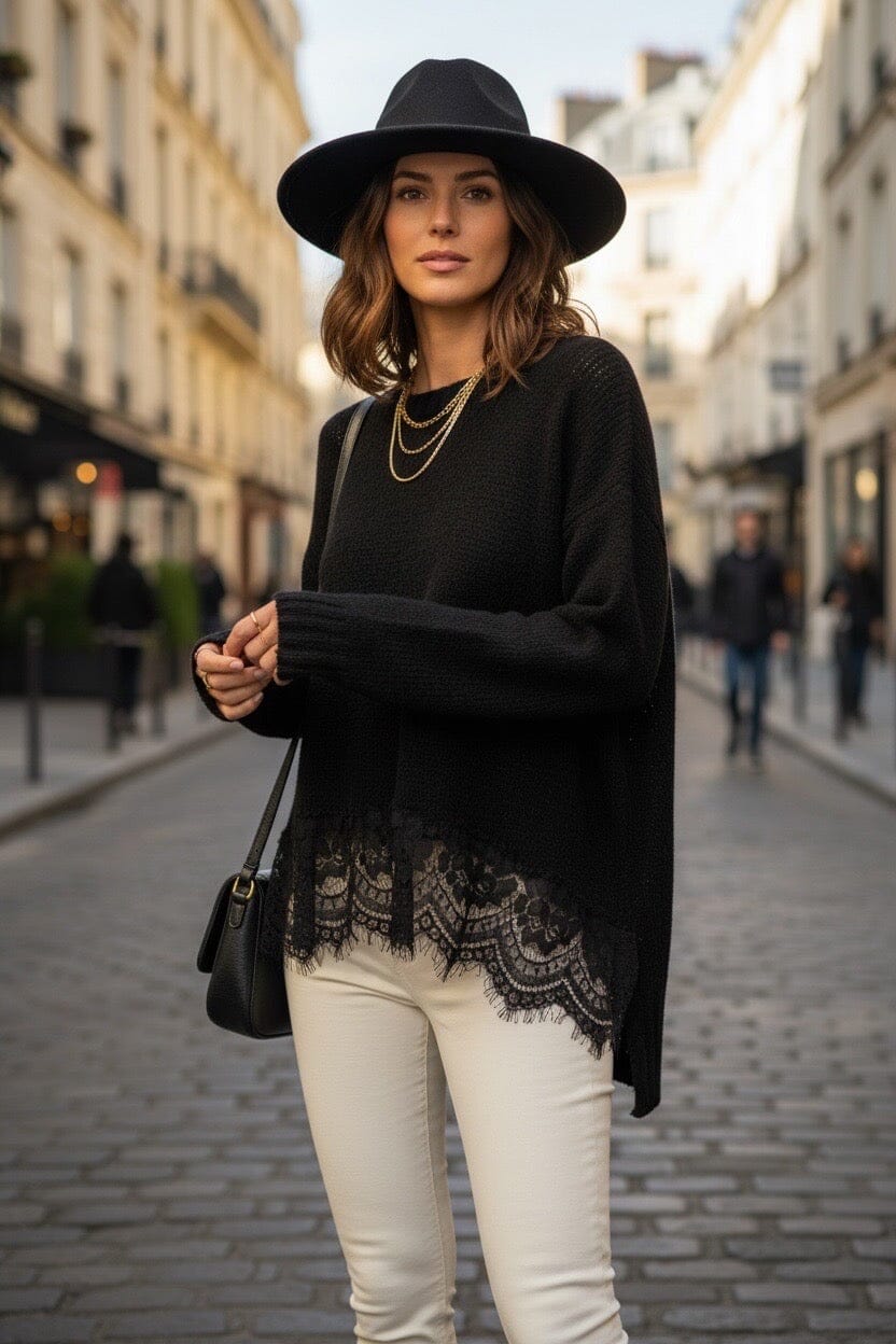 THE PARISIENNE LACE TRIM KNIT - BLACK Coats & Blazers Goldie S 