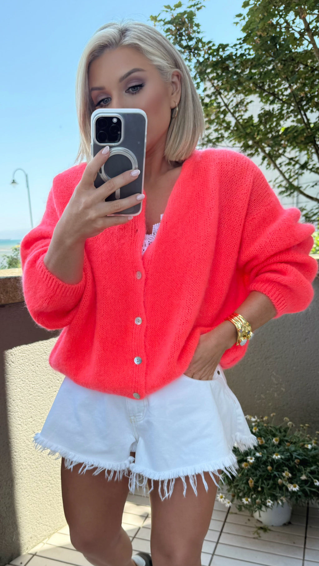 THE DAHLIA CARDI - NEON CORAL Knitwear Coco Boutique 