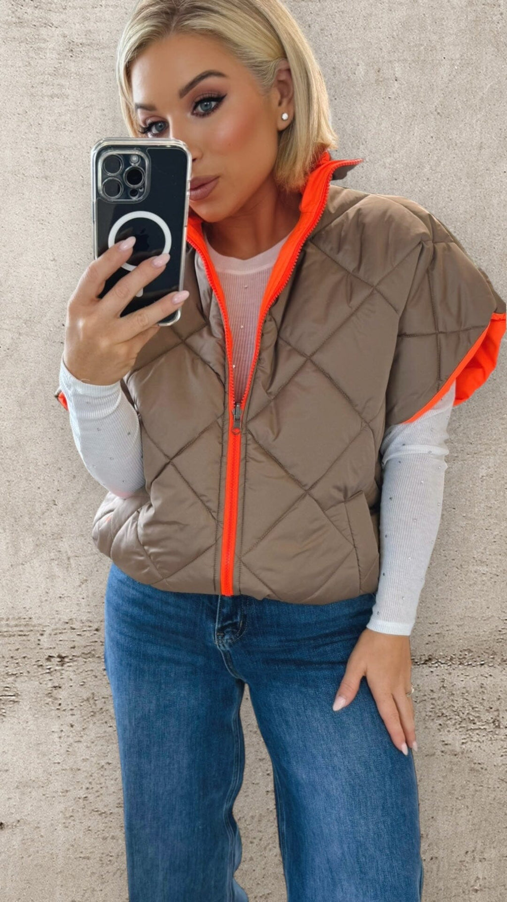 HARPER REVERSIBLE QUILTED JACKET - TAUPE/ NEON ORANGE Coats & Blazers Coco Boutique 