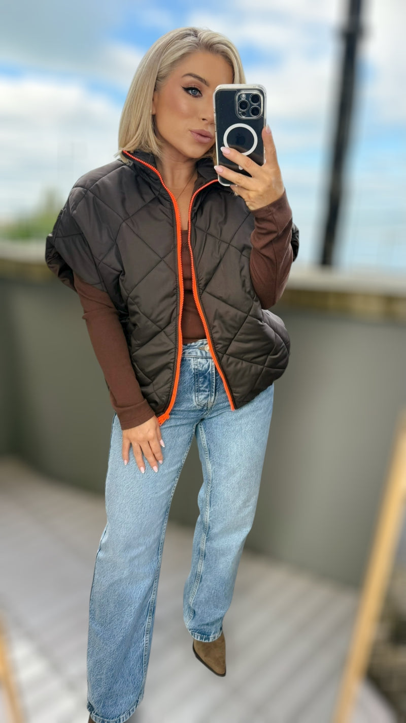 HARPER REVERSIBLE QUILTED JACKET - CHOCO / NEON ORANGE