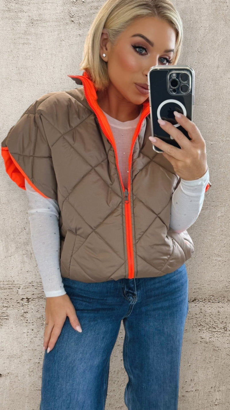 HARPER REVERSIBLE QUILTED JACKET - TAUPE/ NEON ORANGE Coats & Blazers Coco Boutique 