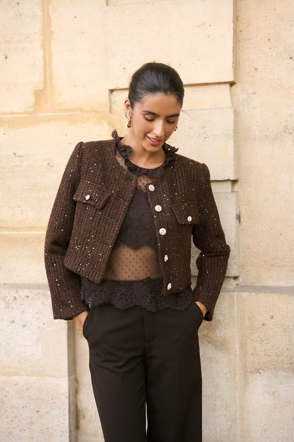 THE FLORENCE SEQUINED BOUCLÉ JACKET Coats & Blazers Cokolate 