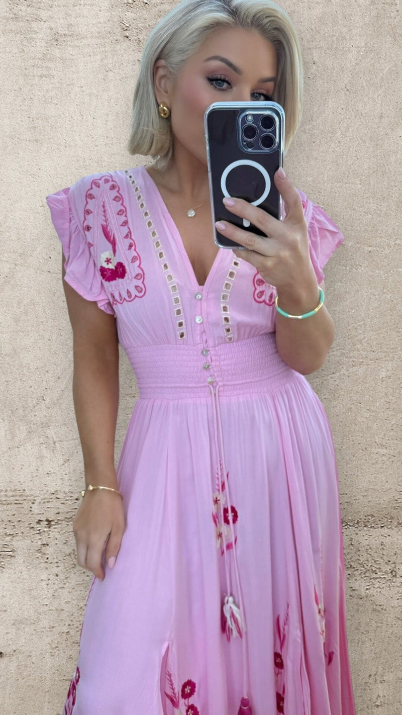 CELESTE EMBROIDERED DRESS - PINK Dresses Coco Boutique 