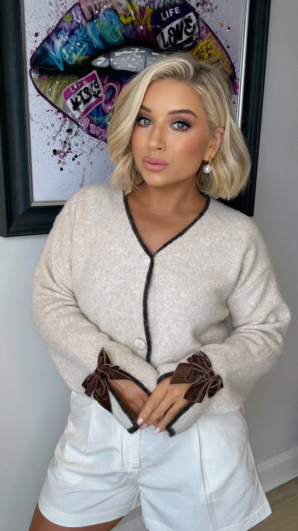 THE VELVET BOW CARDI - OATMEAL Knitwear Coco Boutique 