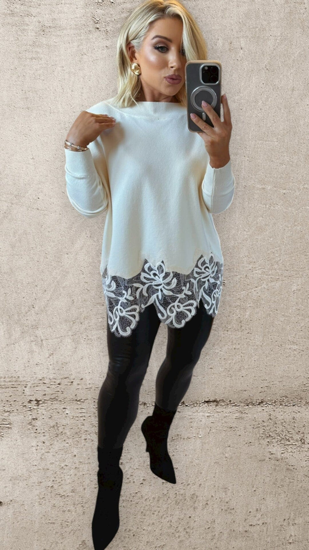 BELLE LACE TRIM SWEATER - CREAM Knitwear Charmell 