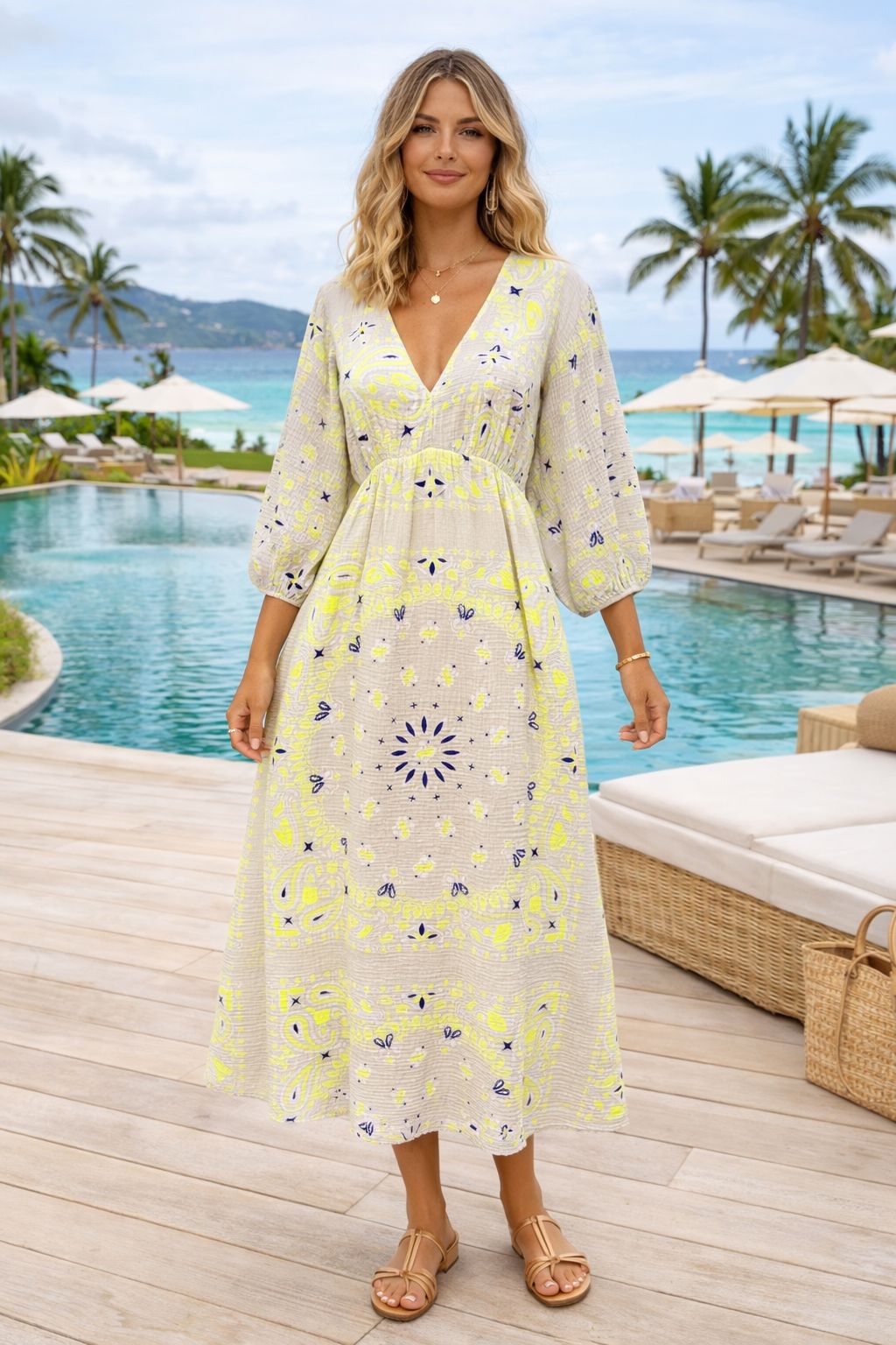 THE INDIGO PAISLEY DRESS - BEIGE/LIMN Coco Boutique THE INDIGO PAISLEY DRESS - BEIGE/LIMN Coco Boutique