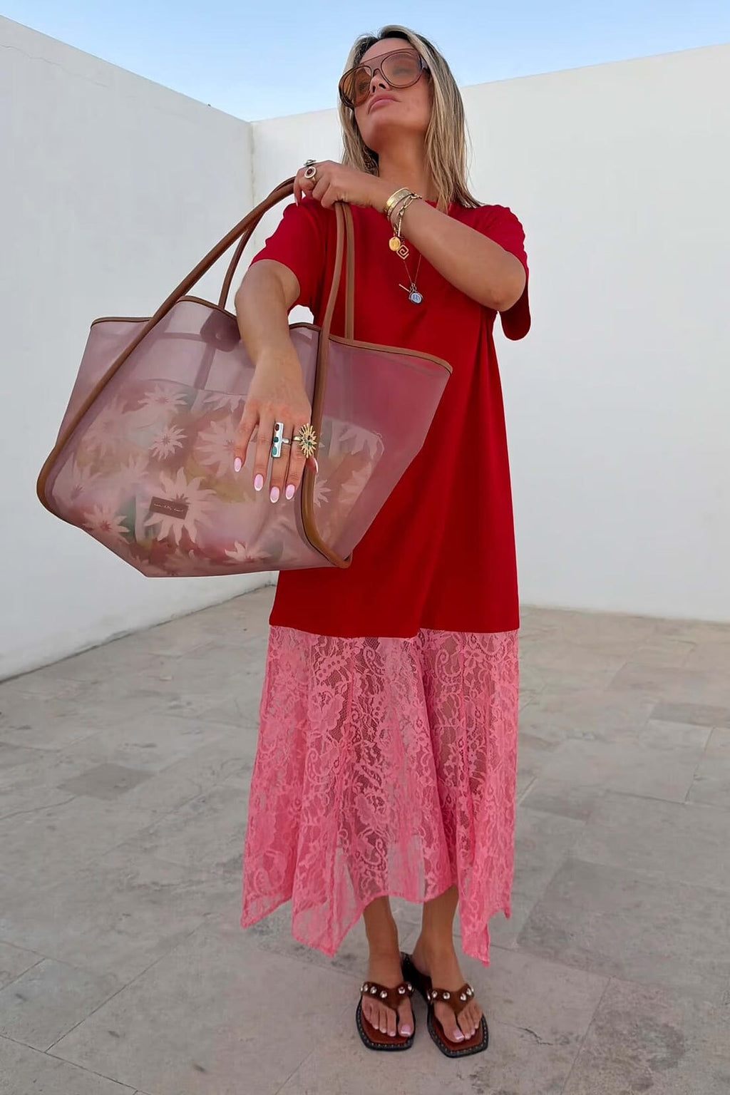 THE CARA LACE T-SHIRT DRESS - RED/PINK Dresses APRICOT 