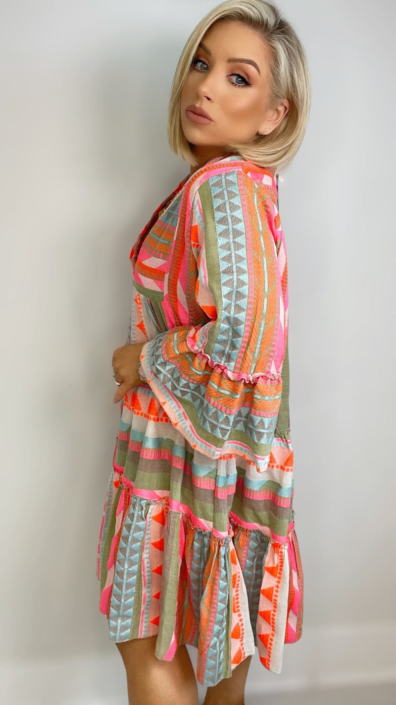 BALI COTTON DRESS -KHAKI/ORANGE Dresses Coco Boutique 