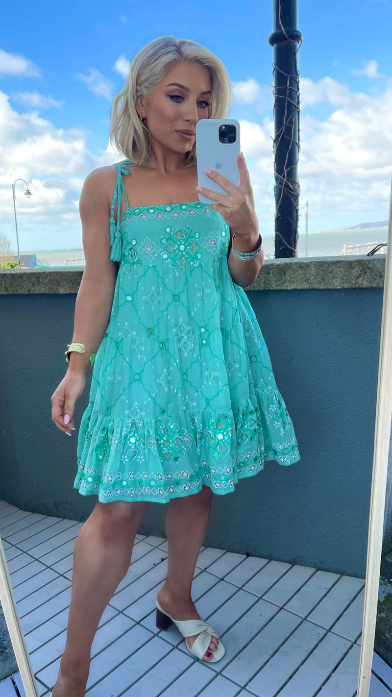 ISABELLA BRODERIE MINI DRESS - TURQUOISE Dresses Coco Boutique 