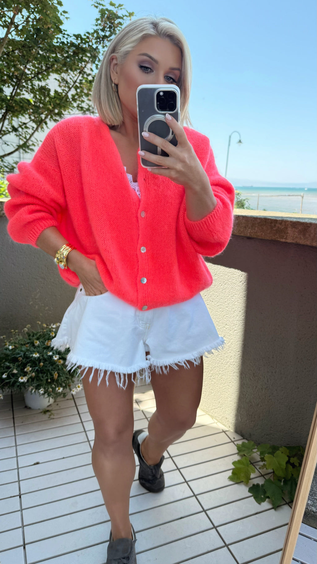 THE DAHLIA CARDI - NEON CORAL Knitwear Coco Boutique 