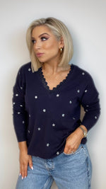 CARLA STAR LACE TRIM KNIT - NAVY Knitwear Coco Boutique 