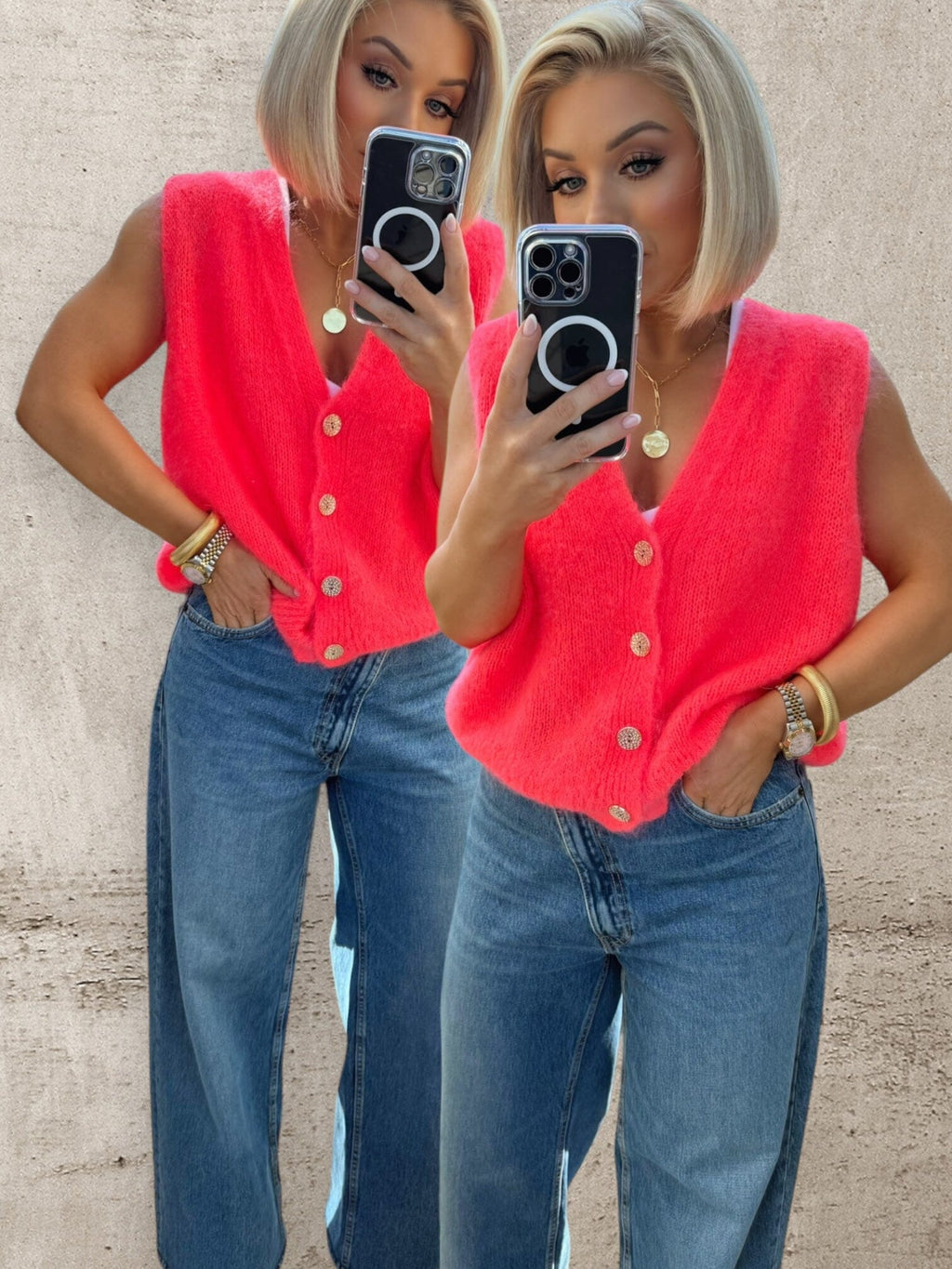 NEON LUXE KNIT GILET - NEON CORAL Gilet Coco Boutique 