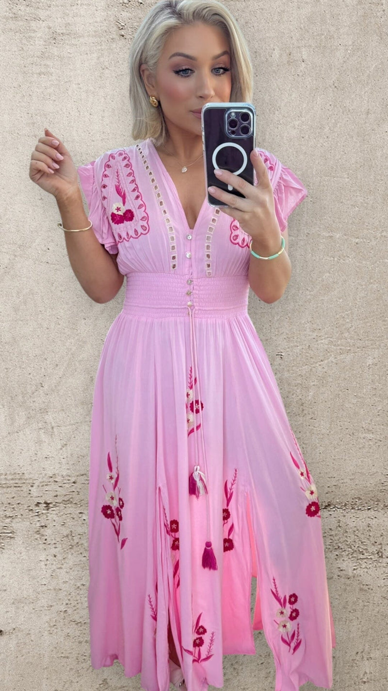 CELESTE EMBROIDERED DRESS - PINK Dresses Coco Boutique 