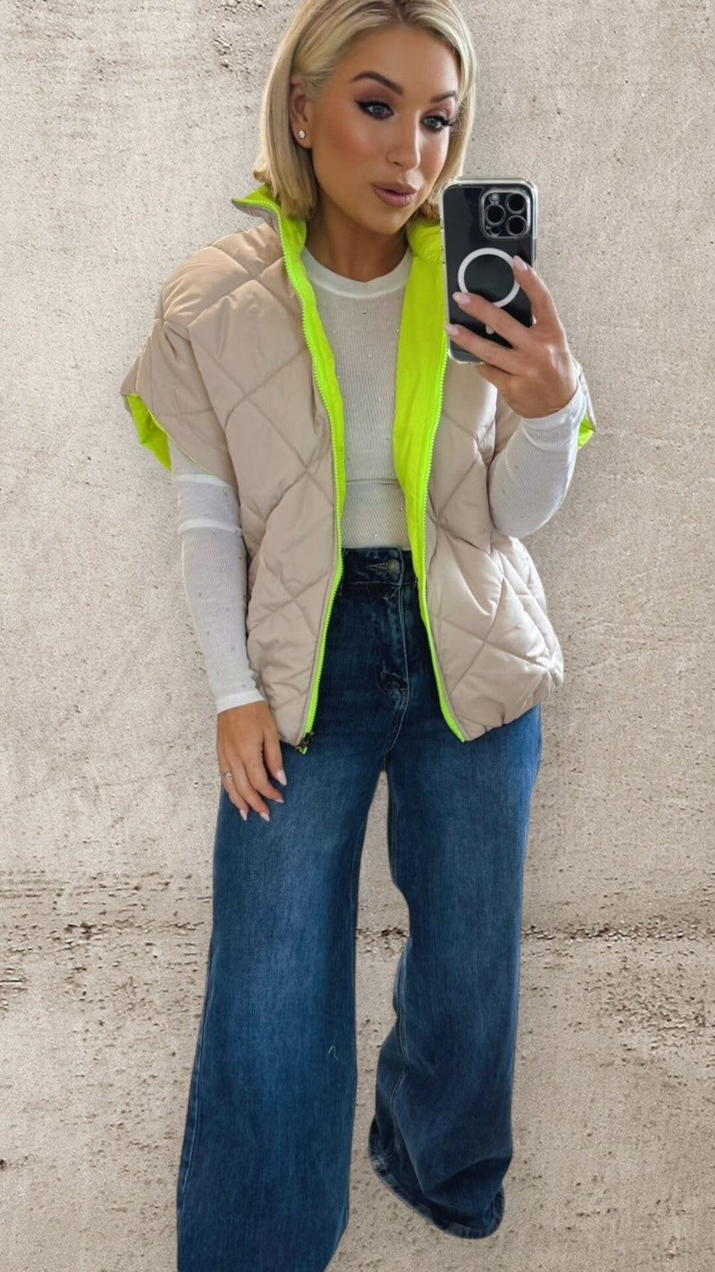 HARPER REVERSIBLE QUILTED JACKET - BEIGE/NEON YELLOW Coats & Blazers Coco Boutique 