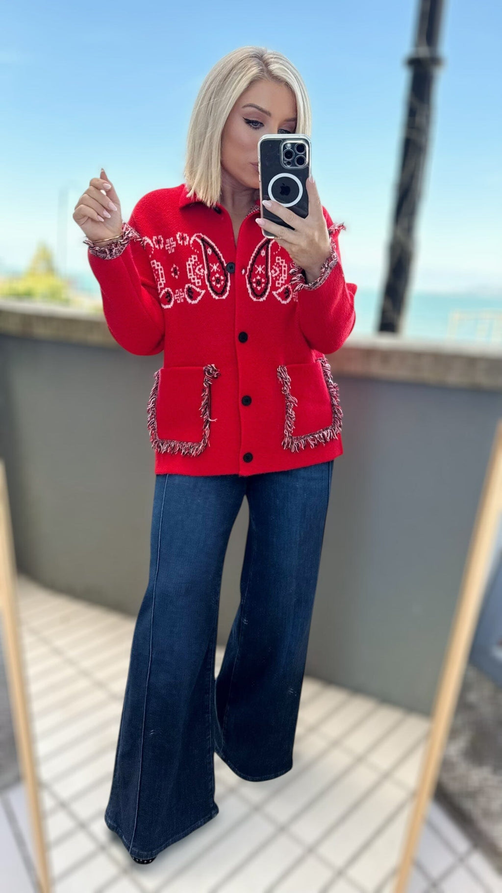 THE BANDANA LUXE JACKET - RED Knitwear Oreline 
