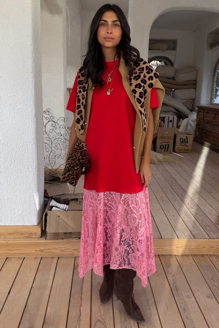 THE CARA LACE T-SHIRT DRESS - RED/PINK Dresses APRICOT 