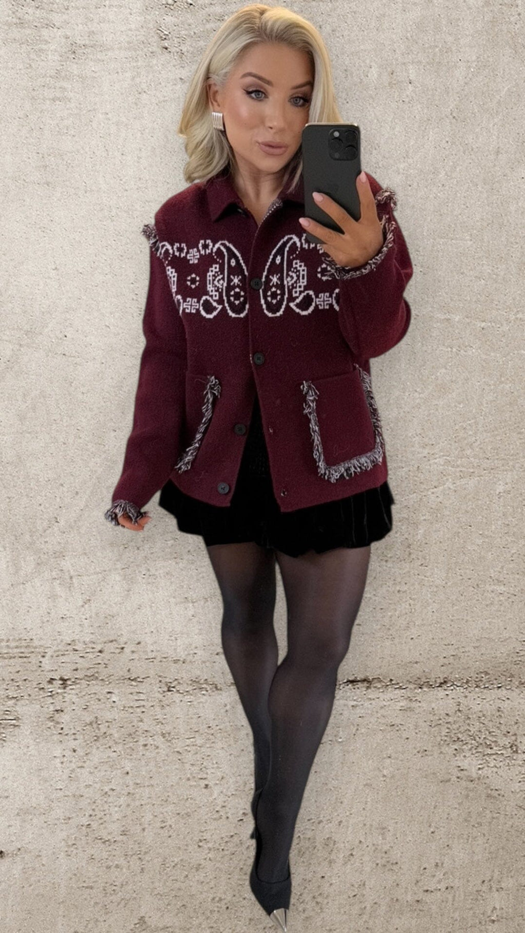 THE BANDANA LUXE JACKET - BURGUNDY Knitwear Oreline 