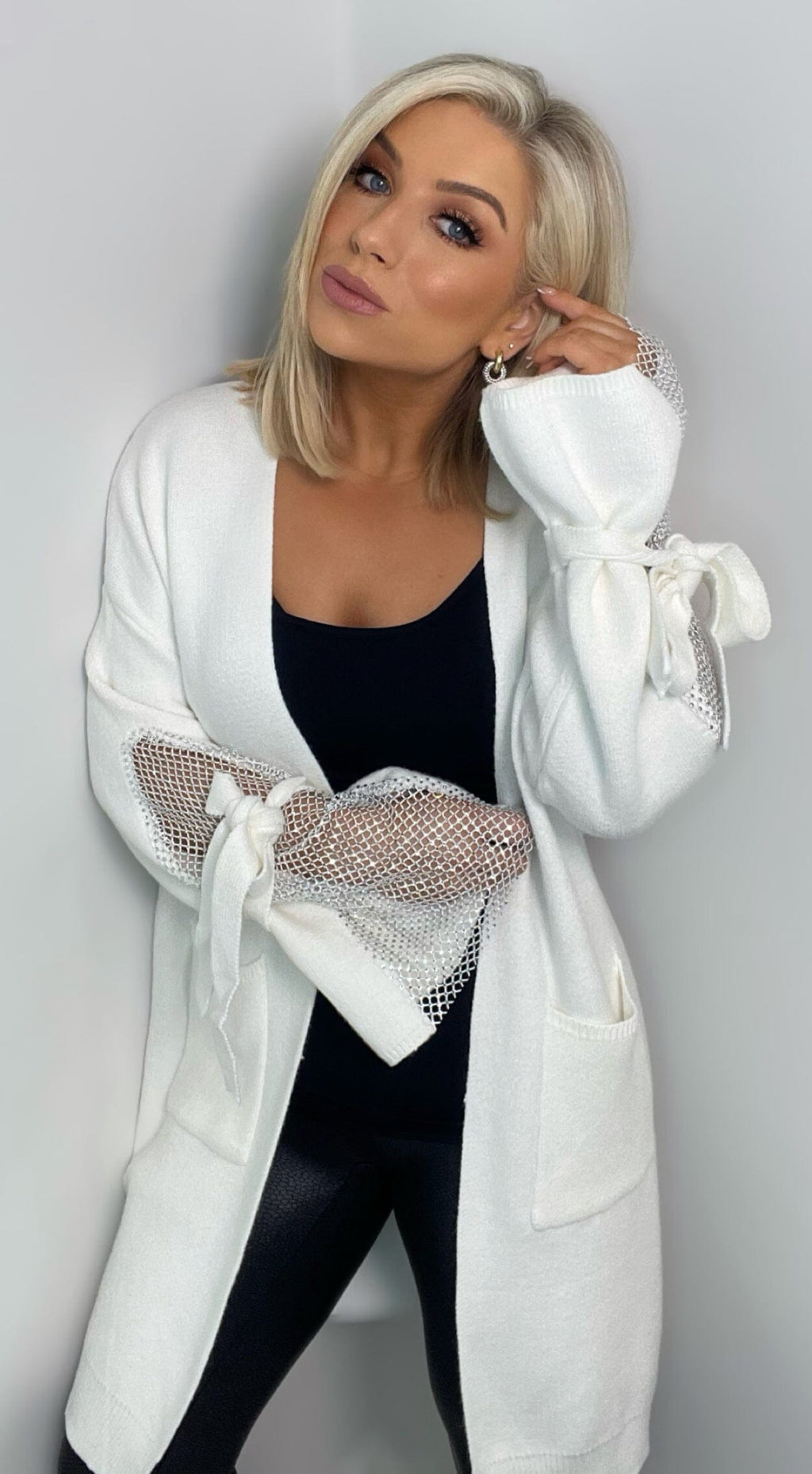 CARLIE CRYSTAL SLEEVE CARDIGAN IN WINTER WHITE** Knitwear Coco Boutique 