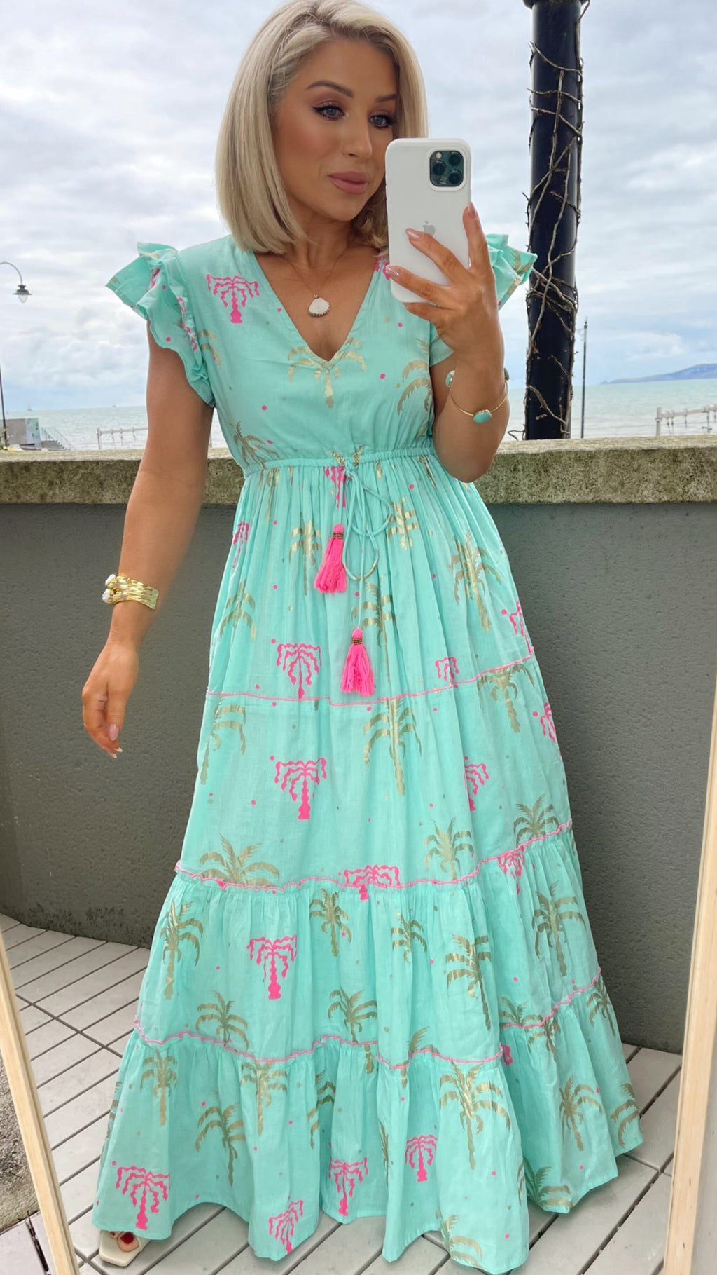 BERMUDA PALM TREE DRESS - TURQUOISE Dresses Orlinn 