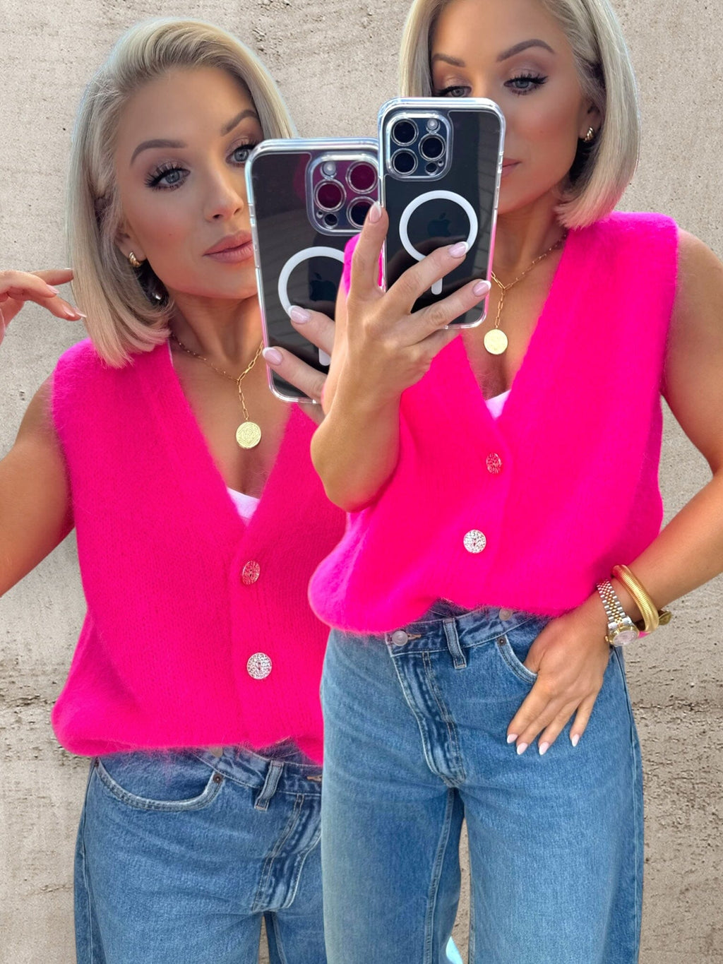 NEON LUXE KNIT GILET - NEON PINK Gilet Coco Boutique 