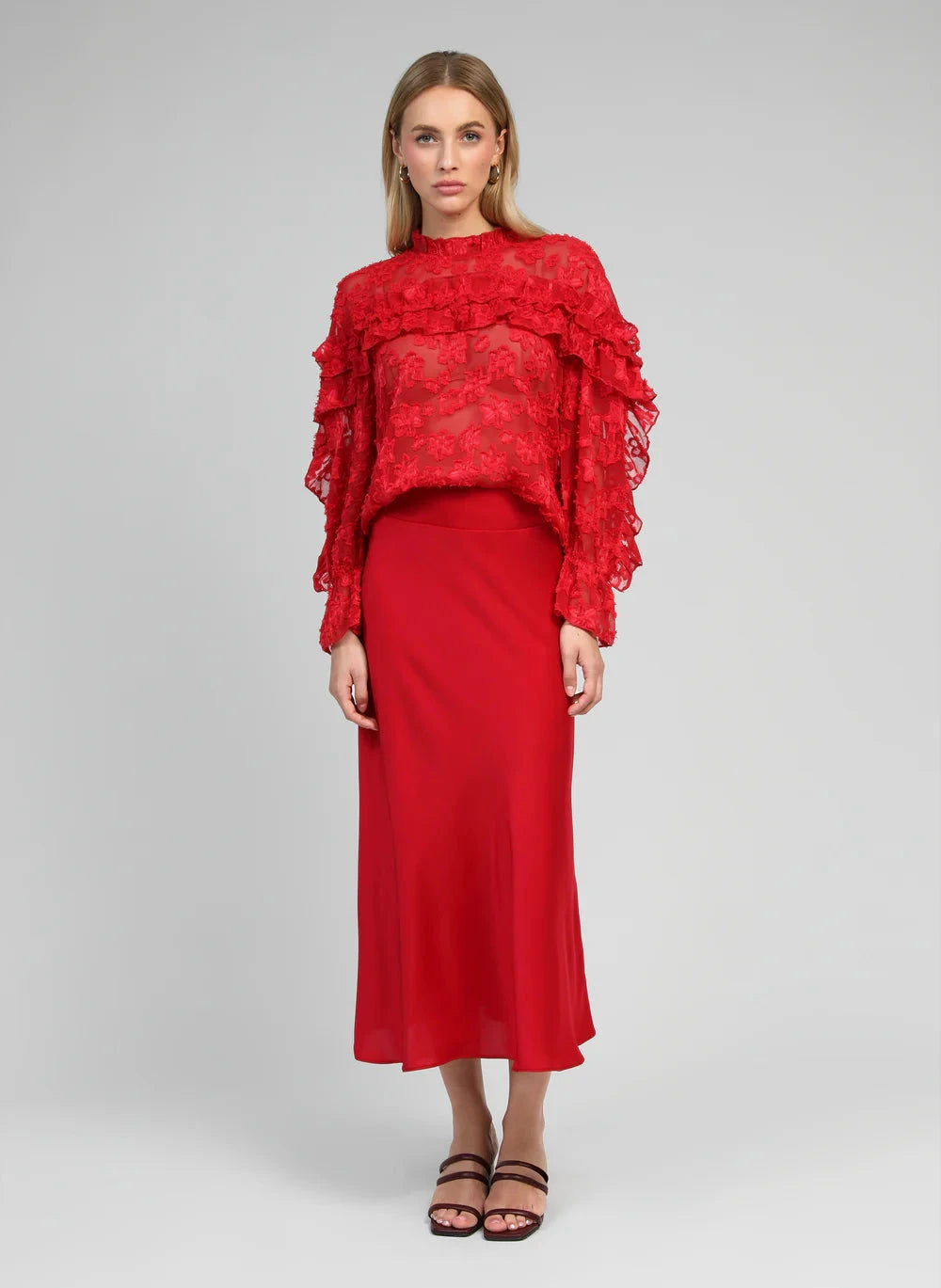 HELENA MODERN FLARE MIDI SKIRT - RED Bottoms, Jeans & Skirts Agnes 