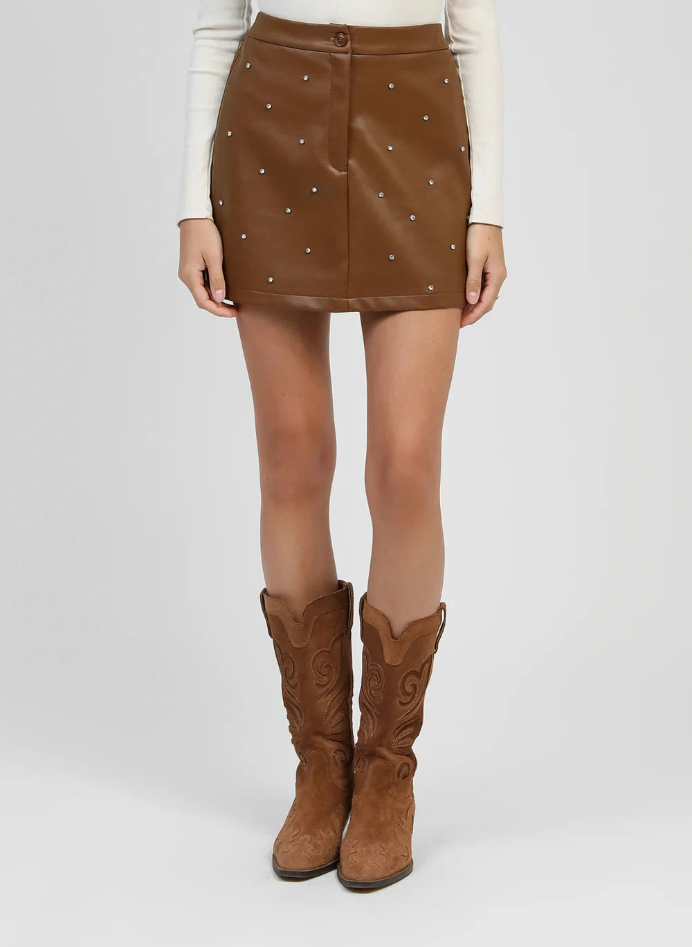 JUSTINE FAUX LEATHER MINI SKIRT - CAMEL Bottoms, Jeans & Skirts Agnes 