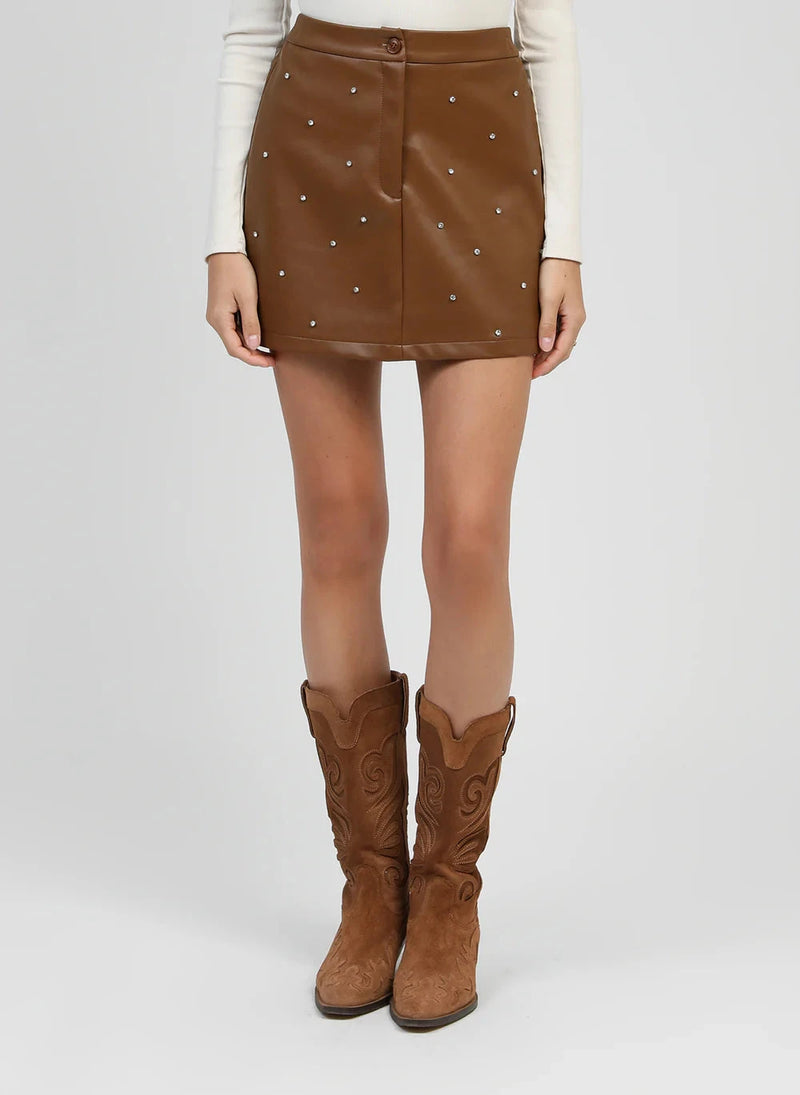 JUSTINE FAUX LEATHER MINI SKIRT - CAMEL Bottoms, Jeans & Skirts Agnes 
