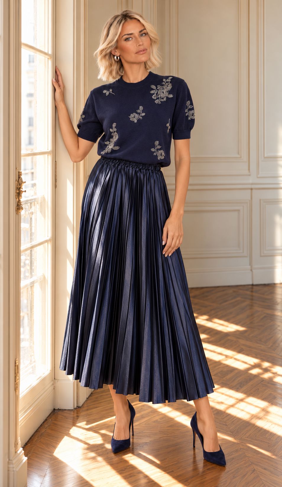 A woman seated indoors wearing a navy short-sleeve top with silver floral embroidery and a matching pleated navy skirt.