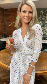 HAILEY WHITE WRAP DRESS WITH RAINBOW DOT PRINT Dresses Never Fully Dressed 