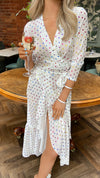HAILEY WHITE WRAP DRESS WITH RAINBOW DOT PRINT Dresses Never Fully Dressed 
