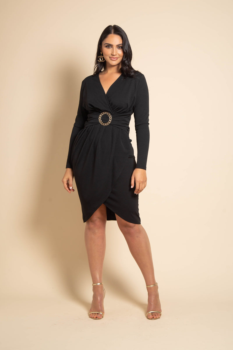 KAIA WRAP EFFECT DRESS WITH GOLD BUCKLE - BLACK Dresses Girl In Mind 